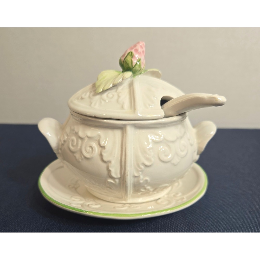Vintage Italian Covered Sugar Bowl w/Lid/Spoon & Underplate Strawberry Finial
